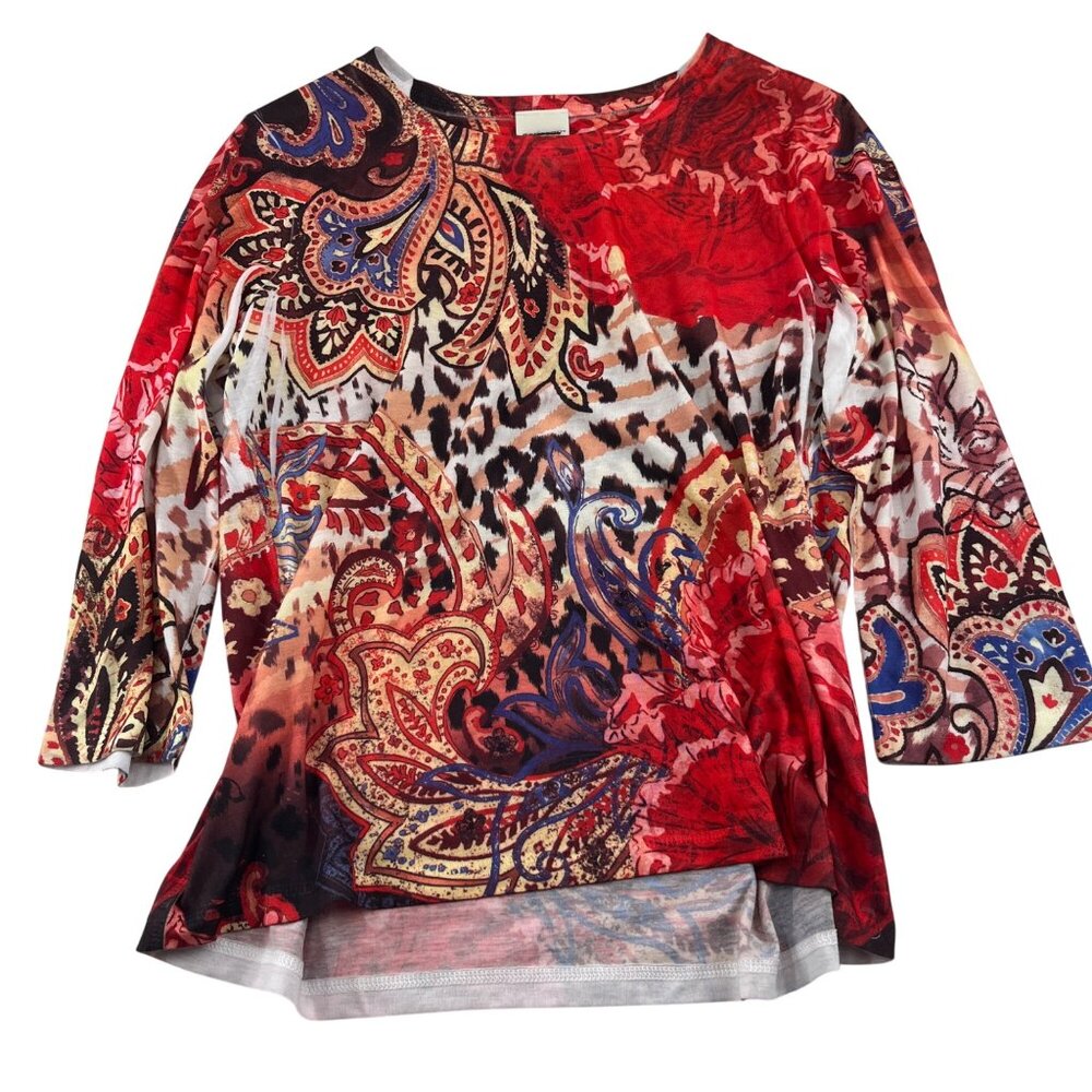 Chicos Womens‎ Size 1 Small Paisley & Animal Print Long Sleeve Top